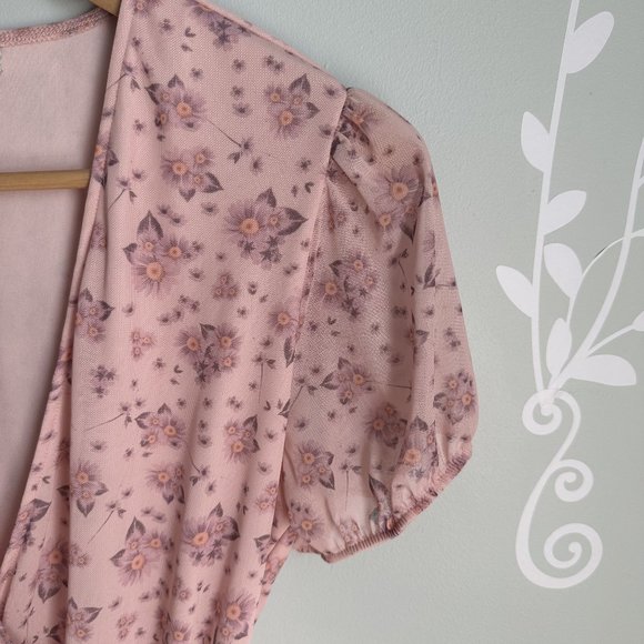 Simons Pink Floral Mesh Wrap Dress L - Picture 3 of 8